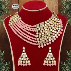 Peach Color Mirror Kundan Necklace Set